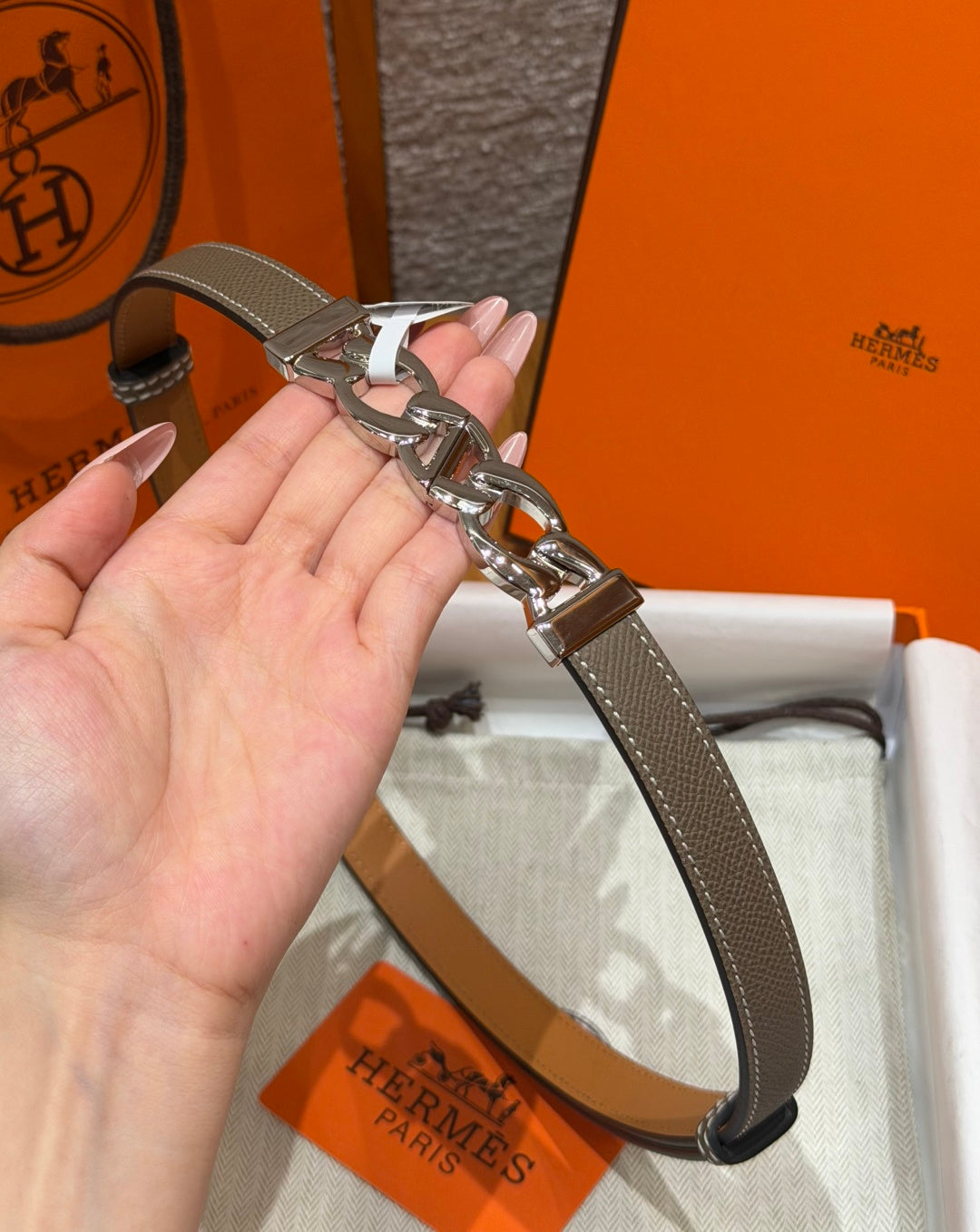 HM Chaine d'Ancre Belt 1.8cm Grey Epsom Calfskin 212435
