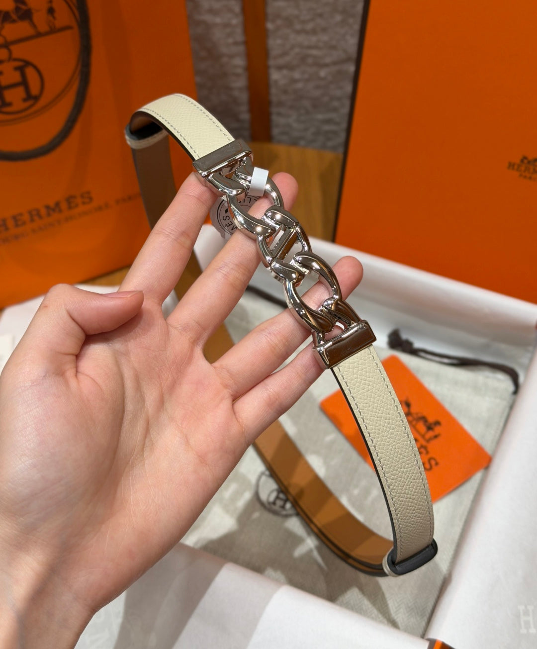 HM Chaine d'Ancre Belt 1.8cm White Epsom Calfskin 212420